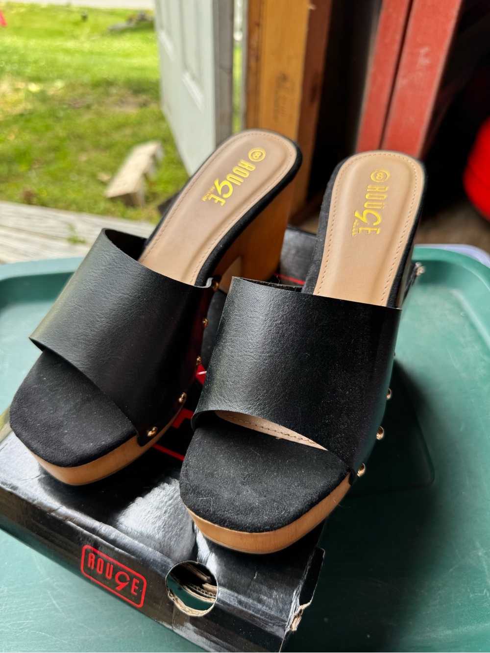 Rouge Helium Black Platform Clog Slides with Wood-Tone Sole